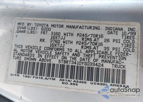 2000 Toyota Tundra Sr5 V8 from USA, damaged, VIN 5TBRT3410YS033424